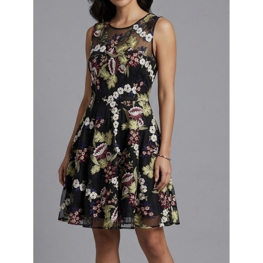 Tahari Black Floral Embroidered Illusion Fit-And-Flare Dress Cocktail Formal 12